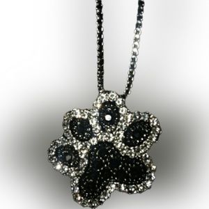NWT Sparkly Pet Paw Silvertone & Black Necklace